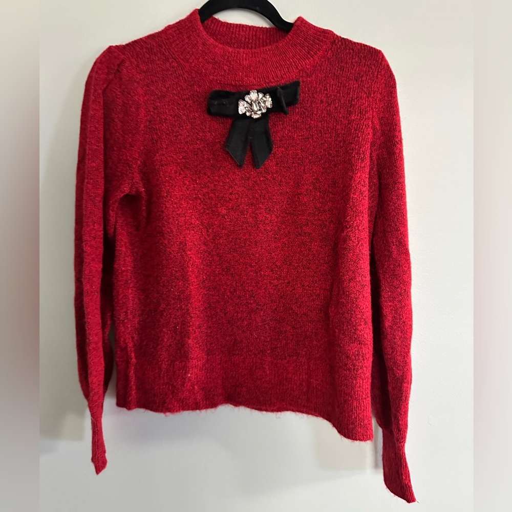 CeCe Elegant Red Sweater with Bow Detail